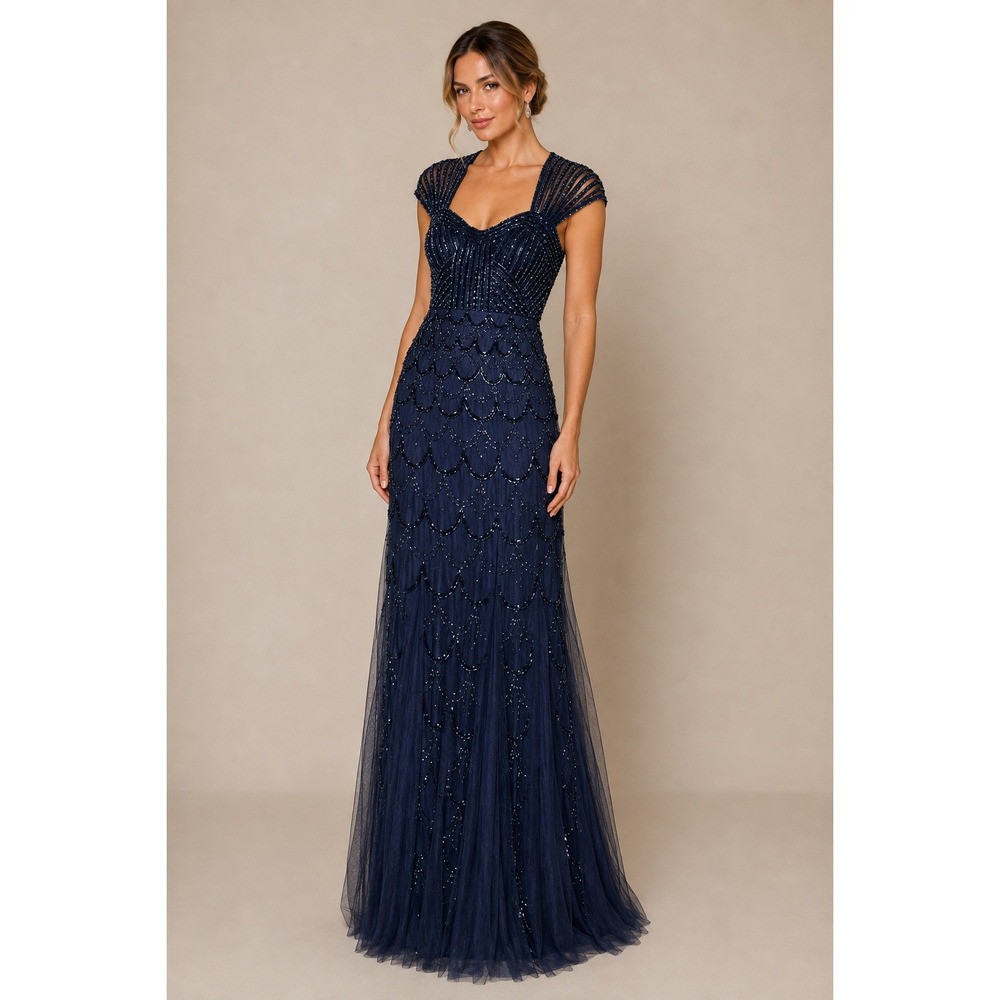 Cache Navy Beaded Sequin Gown Womens 10 Art Deco Formal Evening Dress